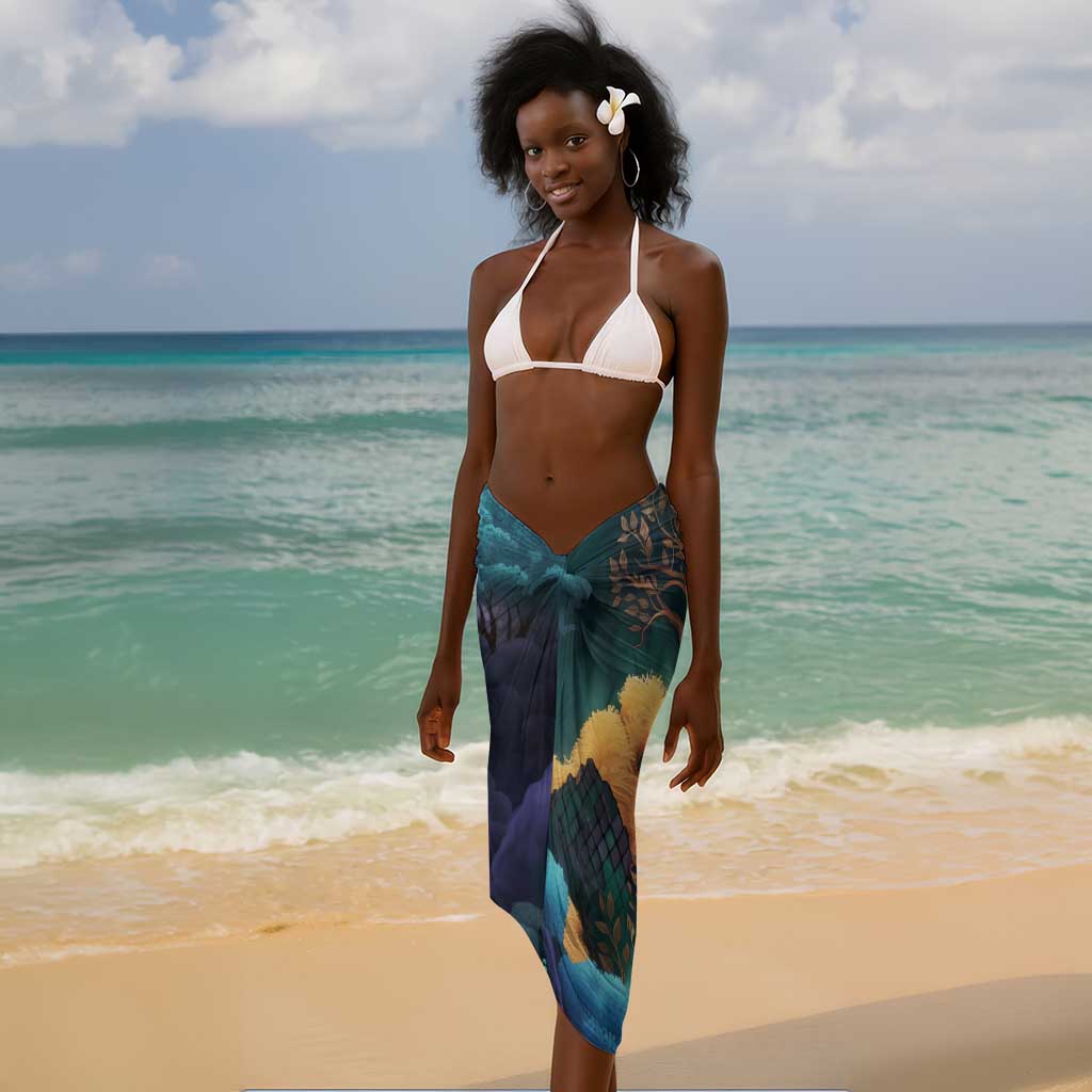 Amunet Ancient Temple Egyptian Sarong with Golden Serpent Mythology in Teal Tones