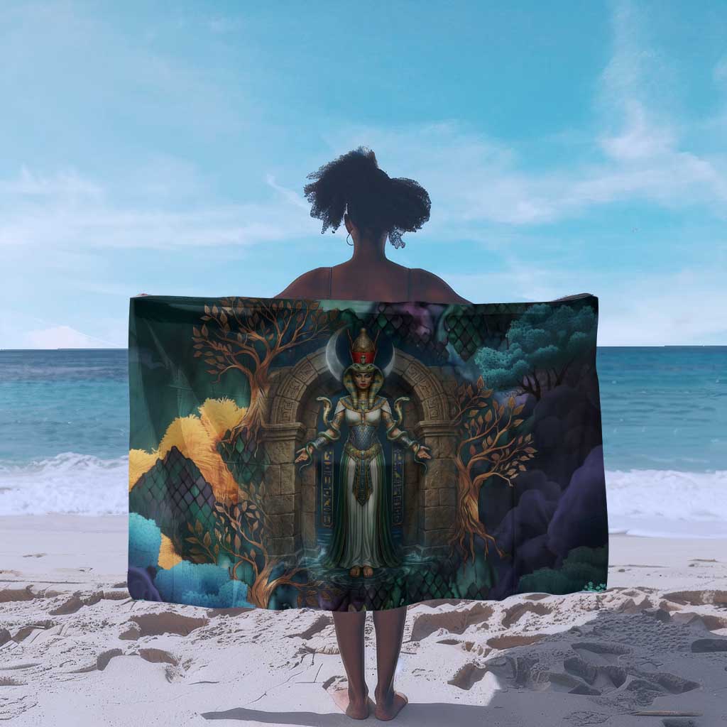 Amunet Ancient Temple Egyptian Sarong with Golden Serpent Mythology in Teal Tones