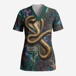 Amunet Ancient Temple Egyptian Scrub Top with Golden Serpent Mythology in Teal Tones