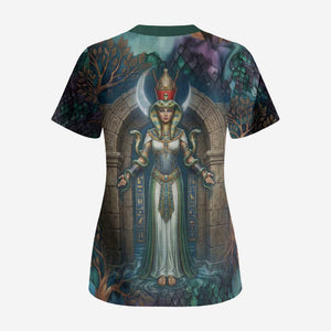Amunet Ancient Temple Egyptian Scrub Top with Golden Serpent Mythology in Teal Tones