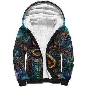 Amunet Ancient Temple Egyptian Sherpa Hoodie with Golden Serpent Mythology in Teal Tones