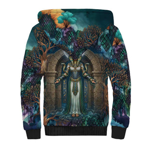 Amunet Ancient Temple Egyptian Sherpa Hoodie with Golden Serpent Mythology in Teal Tones