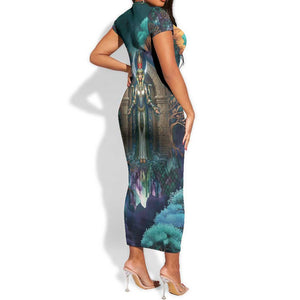 Amunet Ancient Temple Egyptian Short Sleeve Bodycon Dress with Golden Serpent Mythology in Teal Tones