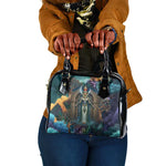 Amunet Ancient Temple Egyptian Shoulder Handbag with Golden Serpent Mythology in Teal Tones