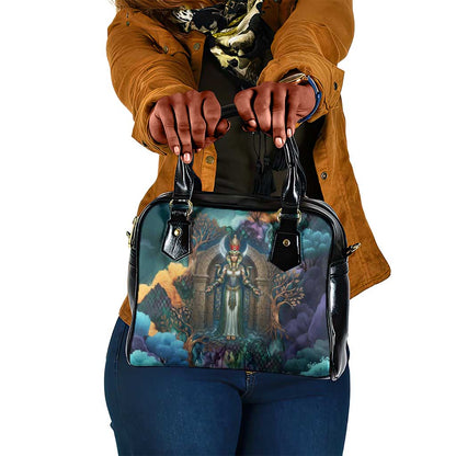 Amunet Ancient Temple Egyptian Shoulder Handbag with Golden Serpent Mythology in Teal Tones