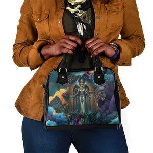 Amunet Ancient Temple Egyptian Shoulder Handbag with Golden Serpent Mythology in Teal Tones