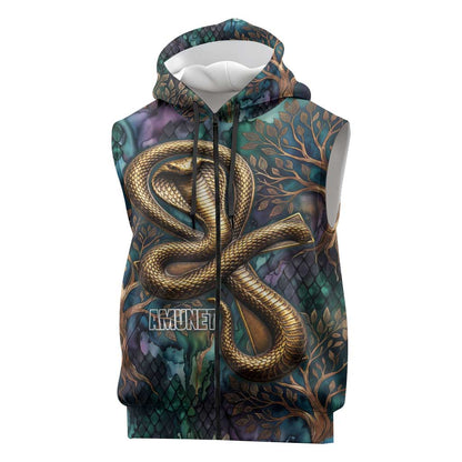 Amunet Ancient Temple Egyptian Sleeveless Zip Hoodie with Golden Serpent Mythology in Teal Tones
