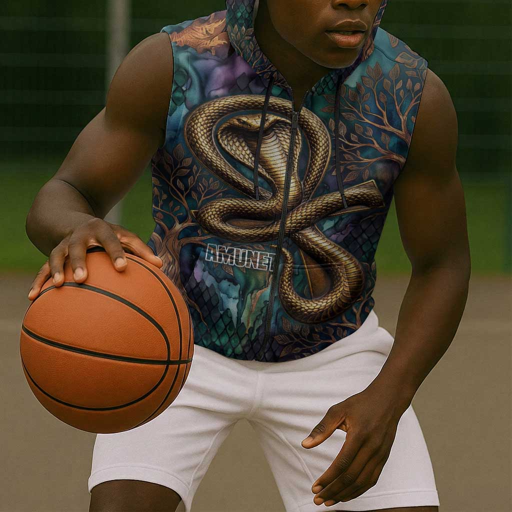 Amunet Ancient Temple Egyptian Sleeveless Zip Hoodie with Golden Serpent Mythology in Teal Tones