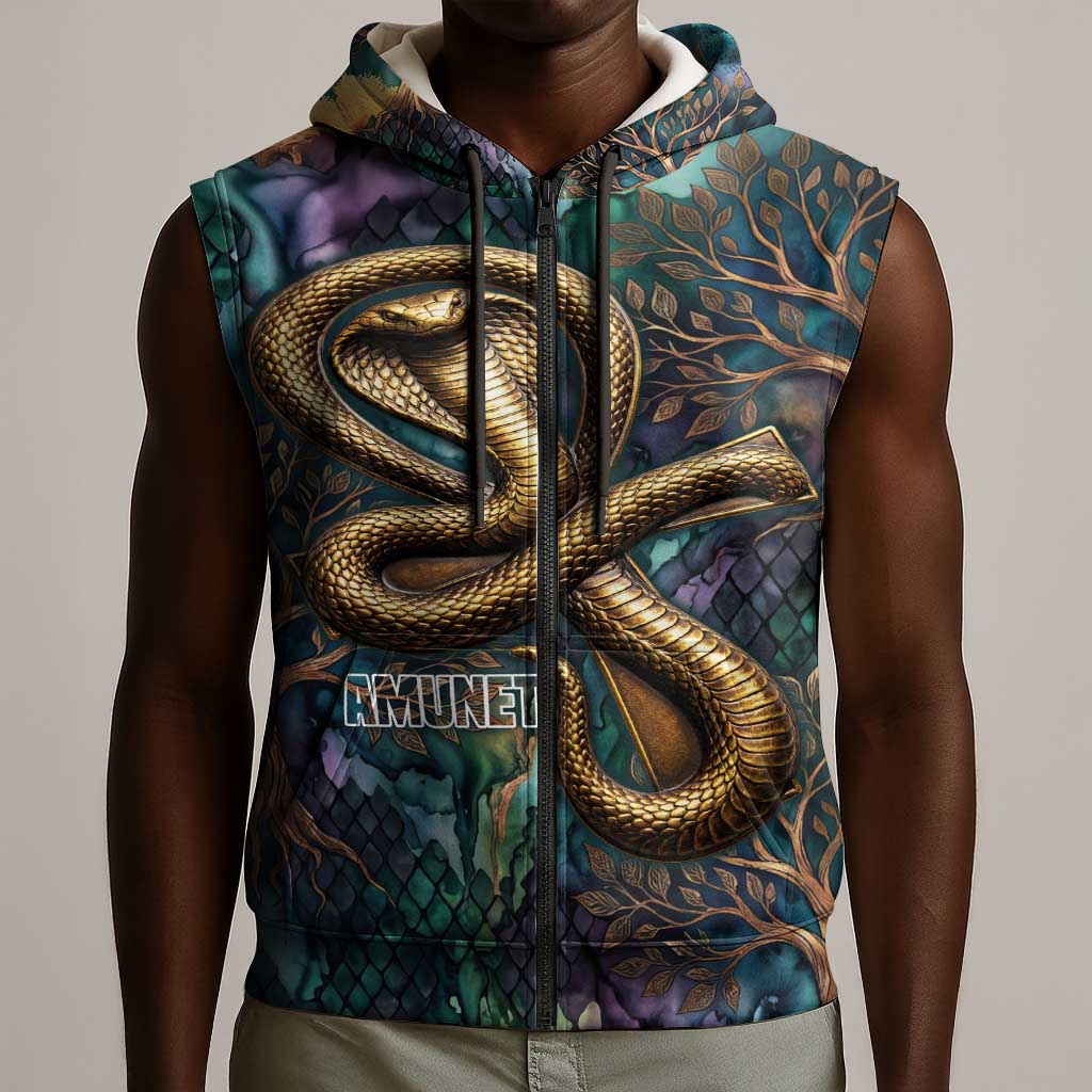 Amunet Ancient Temple Egyptian Sleeveless Zip Hoodie with Golden Serpent Mythology in Teal Tones