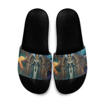 Amunet Ancient Temple Egyptian Slide Sandals with Golden Serpent Mythology in Teal Tones
