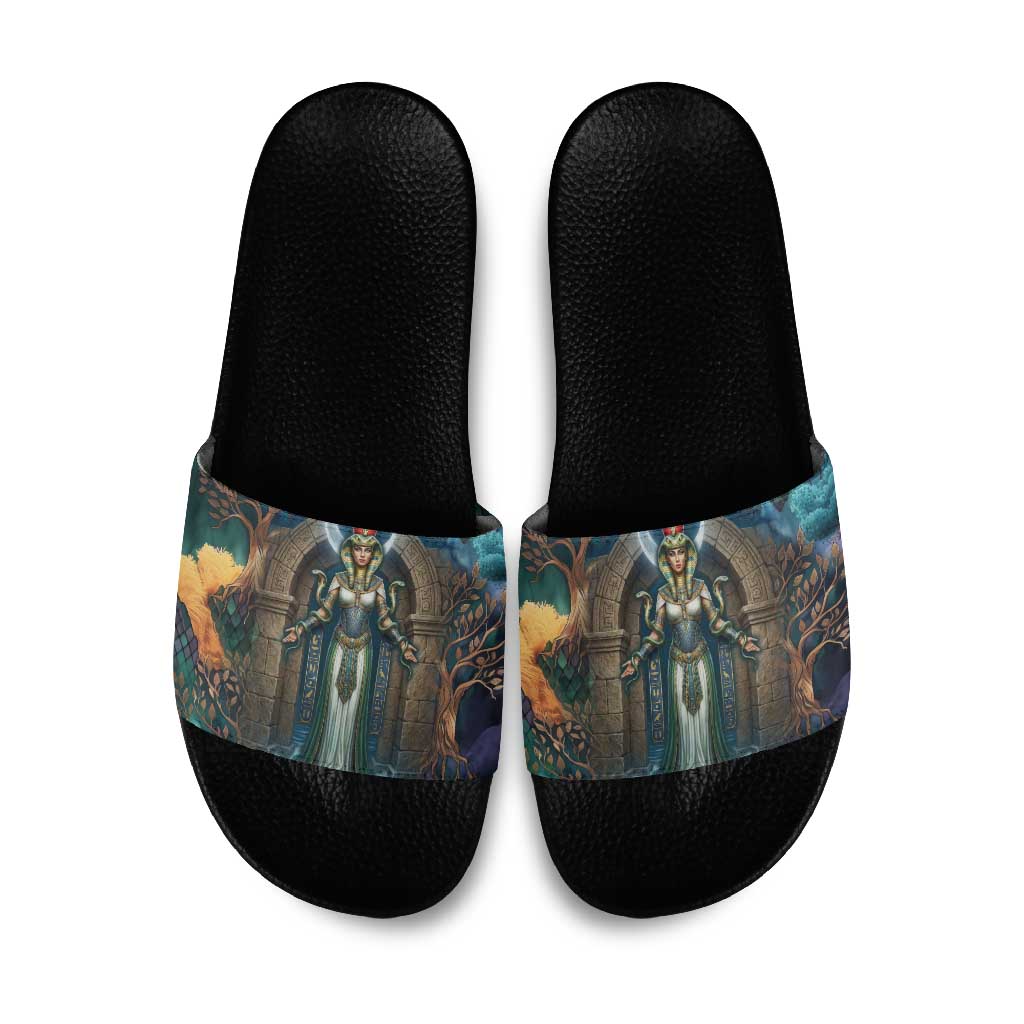 Amunet Ancient Temple Egyptian Slide Sandals with Golden Serpent Mythology in Teal Tones