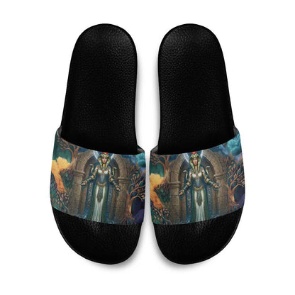 Amunet Ancient Temple Egyptian Slide Sandals with Golden Serpent Mythology in Teal Tones