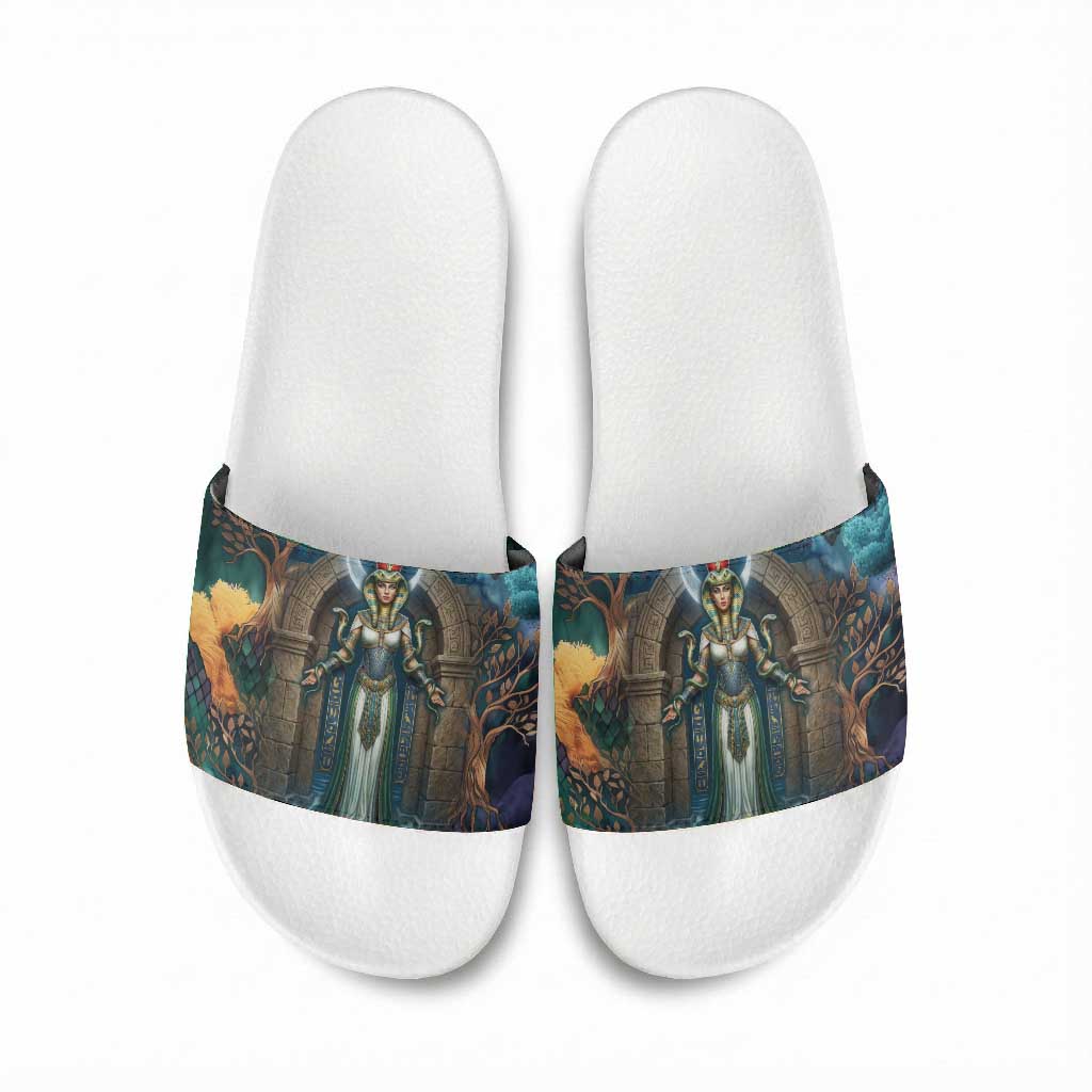 Amunet Ancient Temple Egyptian Slide Sandals with Golden Serpent Mythology in Teal Tones