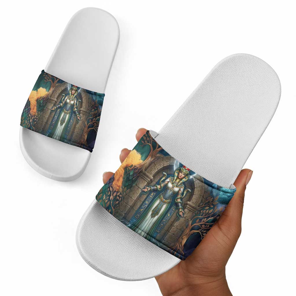 Amunet Ancient Temple Egyptian Slide Sandals with Golden Serpent Mythology in Teal Tones