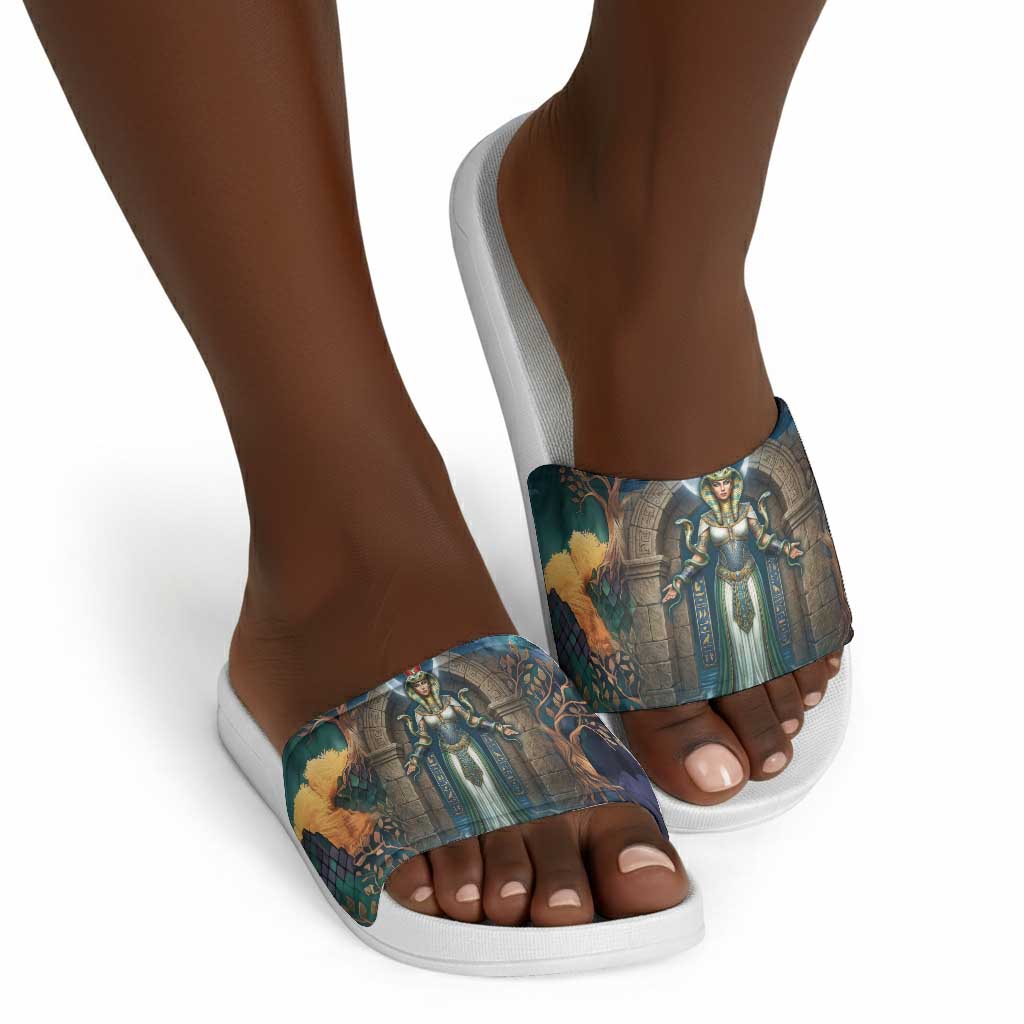 Amunet Ancient Temple Egyptian Slide Sandals with Golden Serpent Mythology in Teal Tones