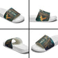 Amunet Ancient Temple Egyptian Slide Sandals with Golden Serpent Mythology in Teal Tones