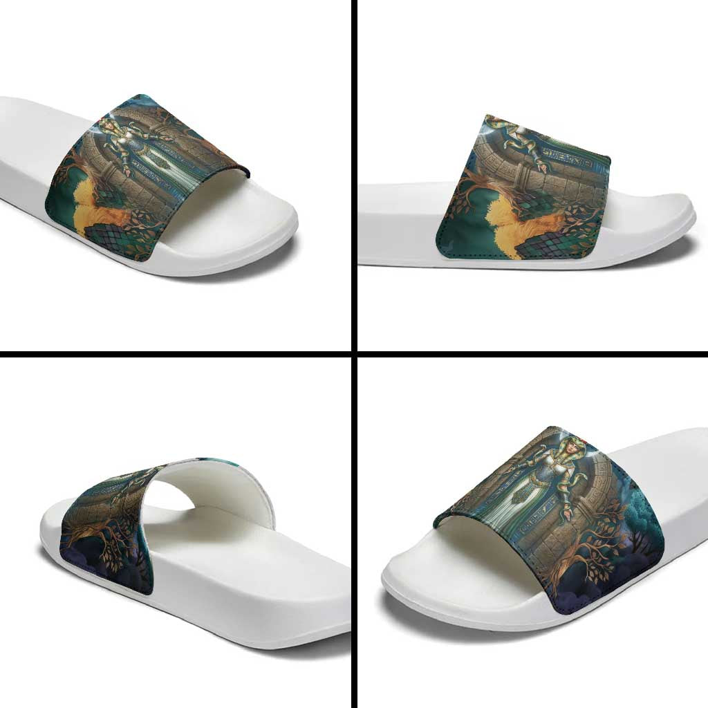 Amunet Ancient Temple Egyptian Slide Sandals with Golden Serpent Mythology in Teal Tones