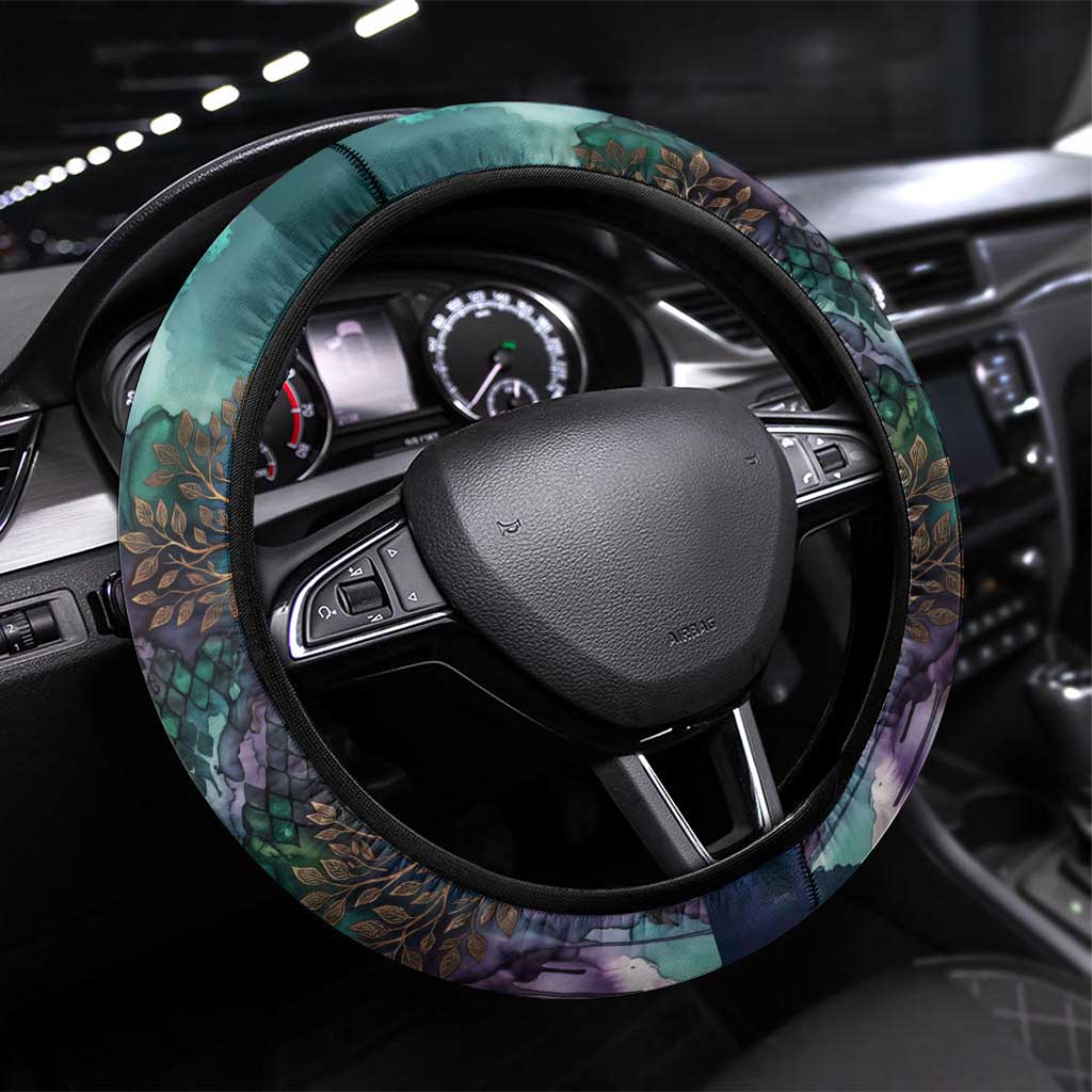 Amunet Ancient Temple Egyptian Steering Wheel Cover with Golden Serpent Mythology in Teal Tones