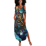 Amunet Ancient Temple Egyptian Summer Maxi Dress with Golden Serpent Mythology in Teal Tones