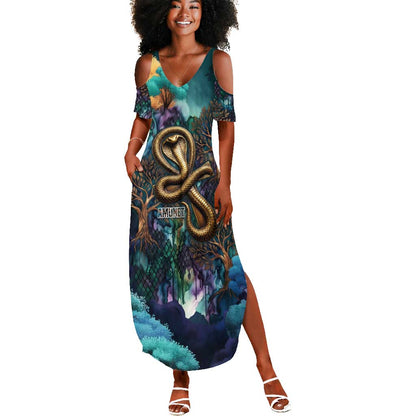 Amunet Ancient Temple Egyptian Summer Maxi Dress with Golden Serpent Mythology in Teal Tones