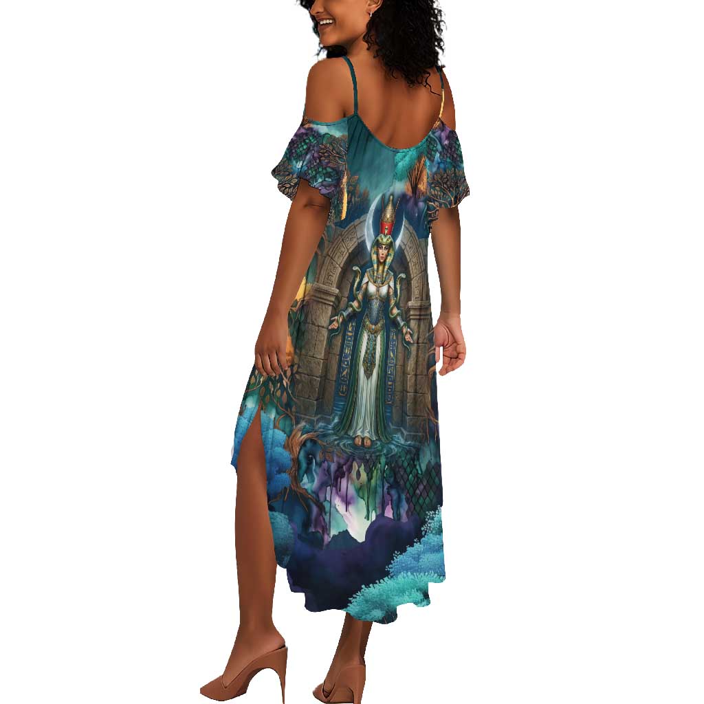 Amunet Ancient Temple Egyptian Summer Maxi Dress with Golden Serpent Mythology in Teal Tones