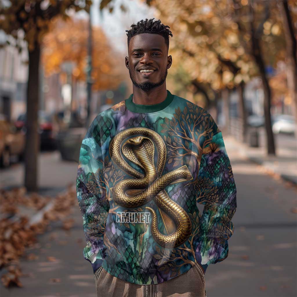 Amunet Ancient Temple Egyptian Sweatshirt with Golden Serpent Mythology in Teal Tones