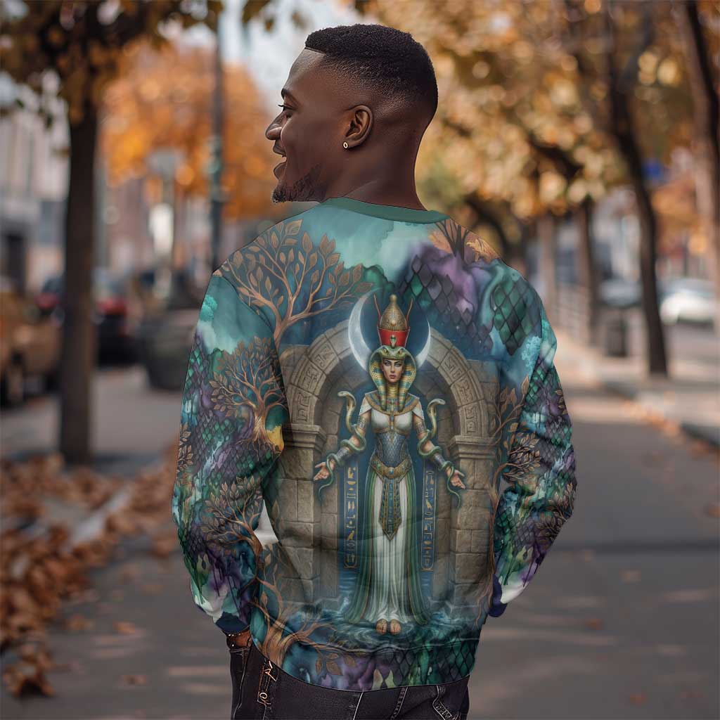 Amunet Ancient Temple Egyptian Sweatshirt with Golden Serpent Mythology in Teal Tones