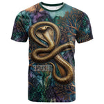 Amunet Ancient Temple Egyptian T shirt with Golden Serpent Mythology in Teal Tones