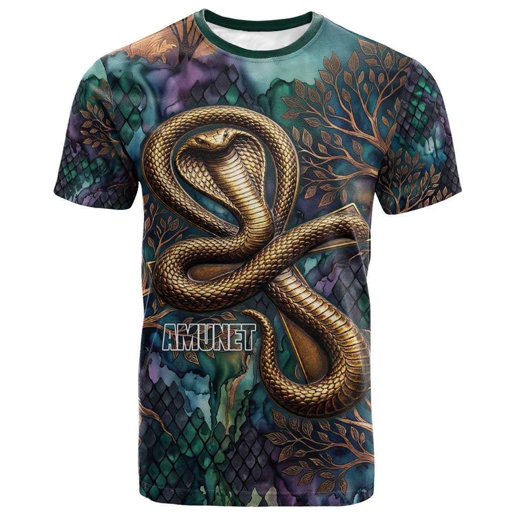 Amunet Ancient Temple Egyptian T shirt with Golden Serpent Mythology in Teal Tones