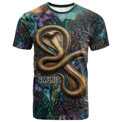Amunet Ancient Temple Egyptian T shirt with Golden Serpent Mythology in Teal Tones