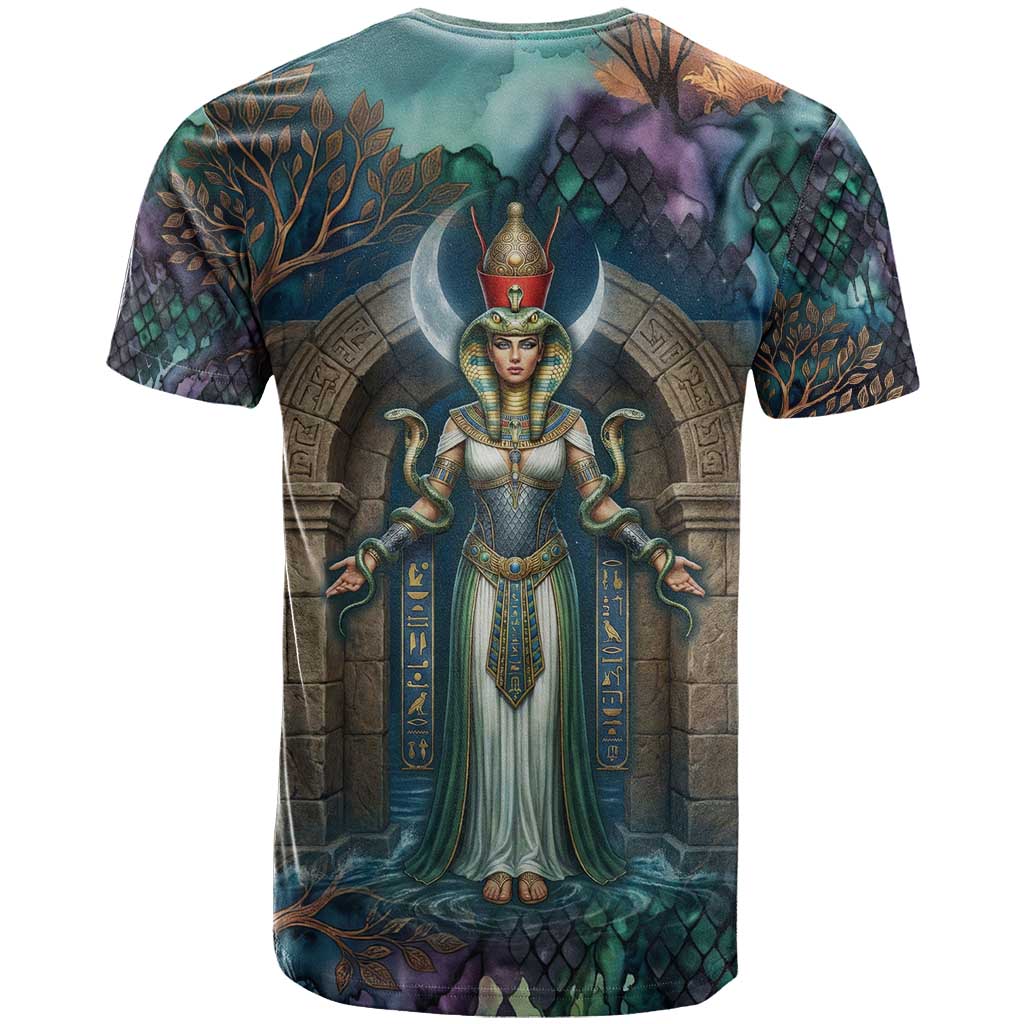 Amunet Ancient Temple Egyptian T shirt with Golden Serpent Mythology in Teal Tones