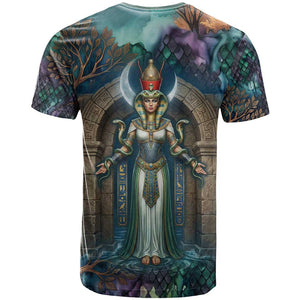 Amunet Ancient Temple Egyptian T shirt with Golden Serpent Mythology in Teal Tones