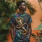 Amunet Ancient Temple Egyptian T shirt with Golden Serpent Mythology in Teal Tones