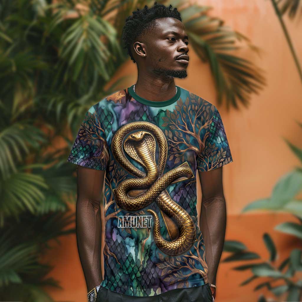 Amunet Ancient Temple Egyptian T shirt with Golden Serpent Mythology in Teal Tones