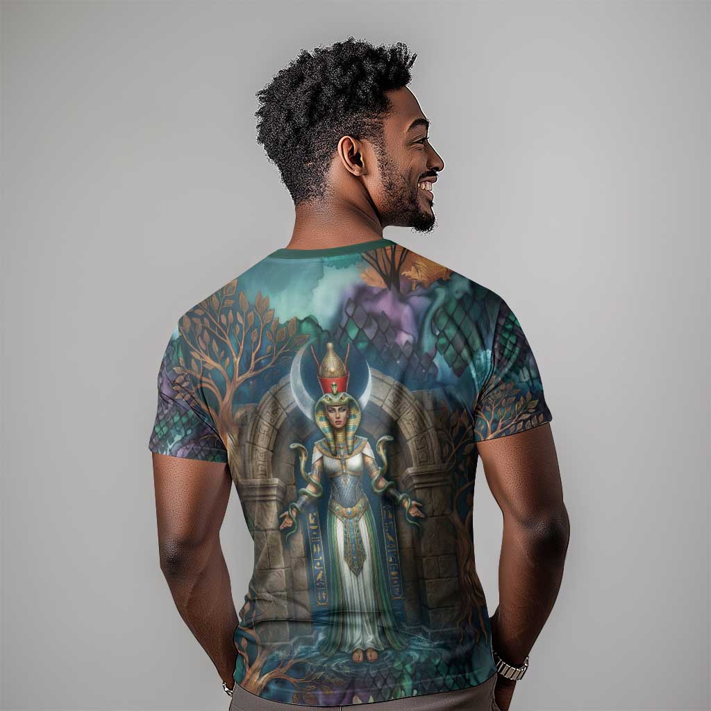 Amunet Ancient Temple Egyptian T shirt with Golden Serpent Mythology in Teal Tones