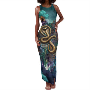 Amunet Ancient Temple Egyptian Tank Maxi Dress with Golden Serpent Mythology in Teal Tones