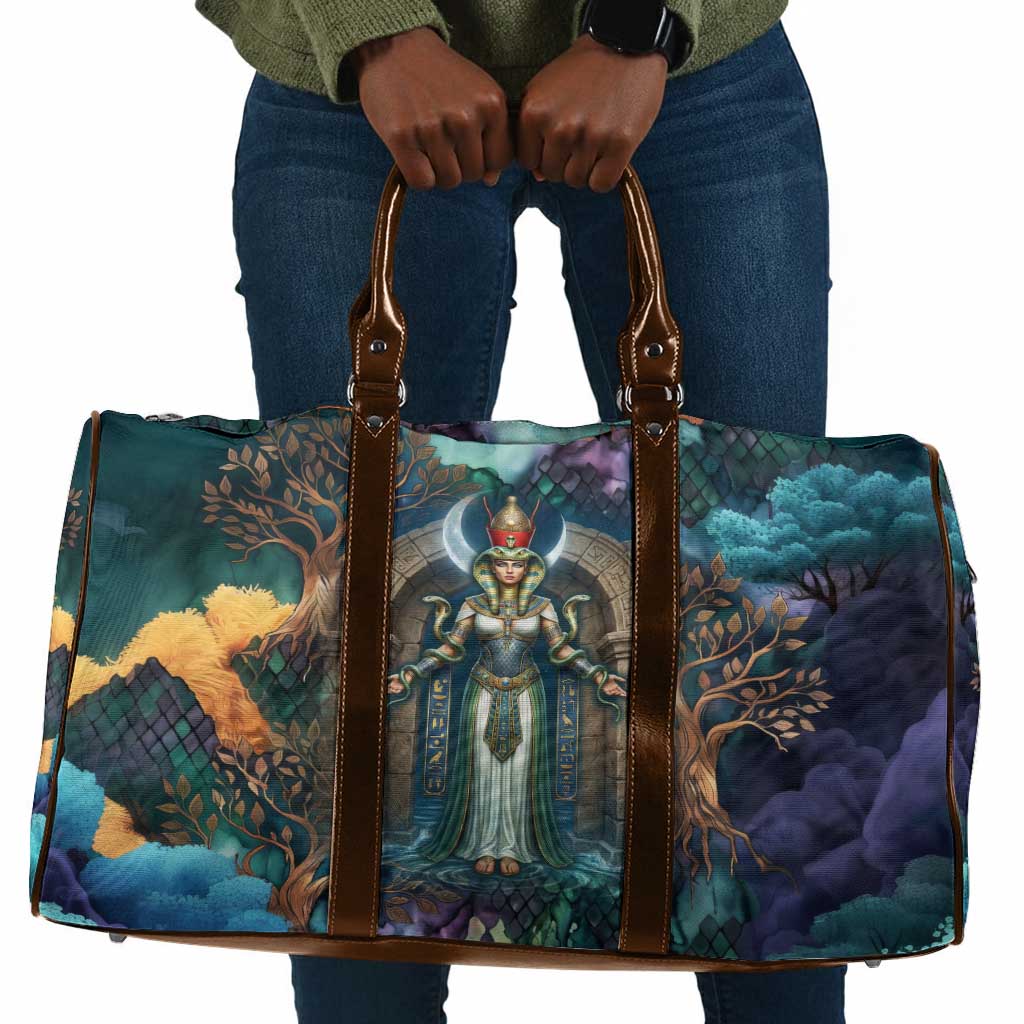 Amunet Ancient Temple Egyptian Travel Bag with Golden Serpent Mythology in Teal Tones