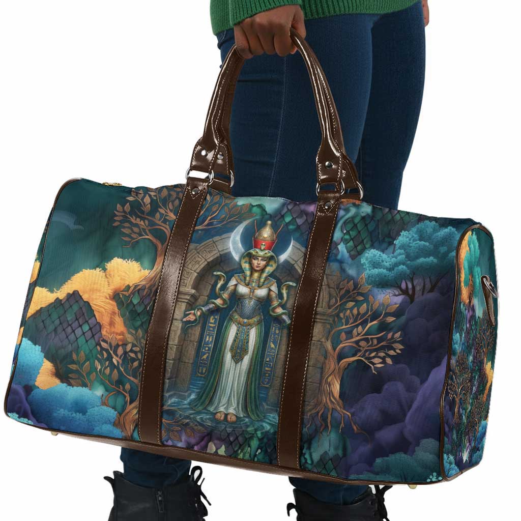 Amunet Ancient Temple Egyptian Travel Bag with Golden Serpent Mythology in Teal Tones