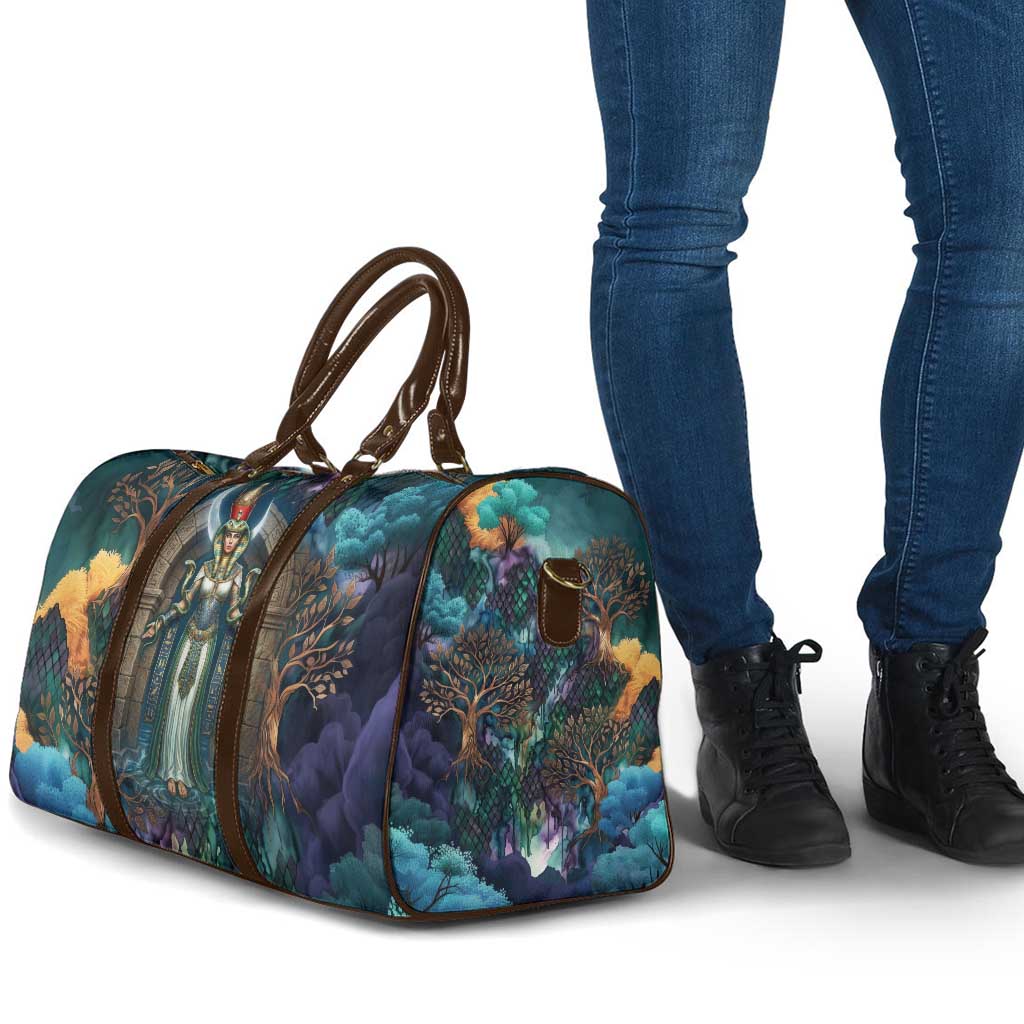 Amunet Ancient Temple Egyptian Travel Bag with Golden Serpent Mythology in Teal Tones