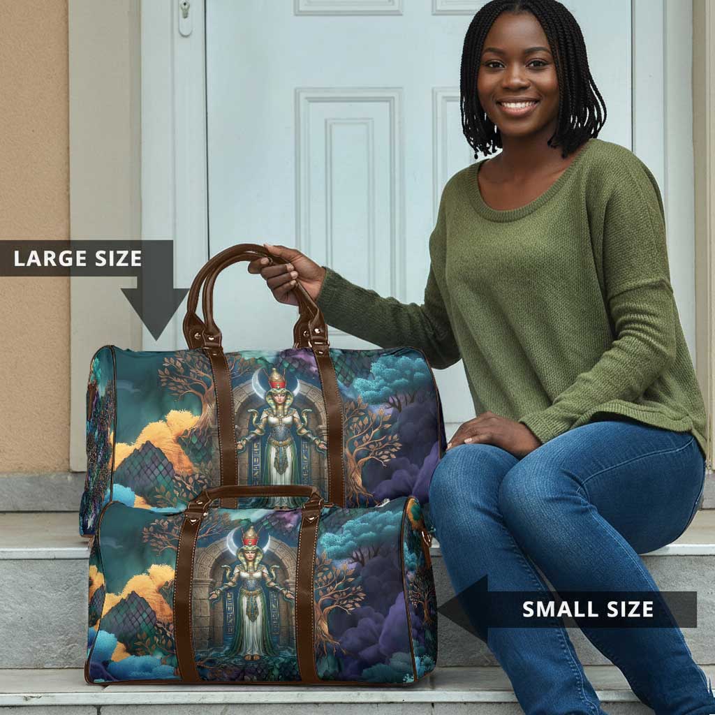 Amunet Ancient Temple Egyptian Travel Bag with Golden Serpent Mythology in Teal Tones