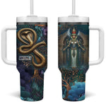 Amunet Ancient Temple Egyptian Tumbler With Handle with Golden Serpent Mythology in Teal Tones