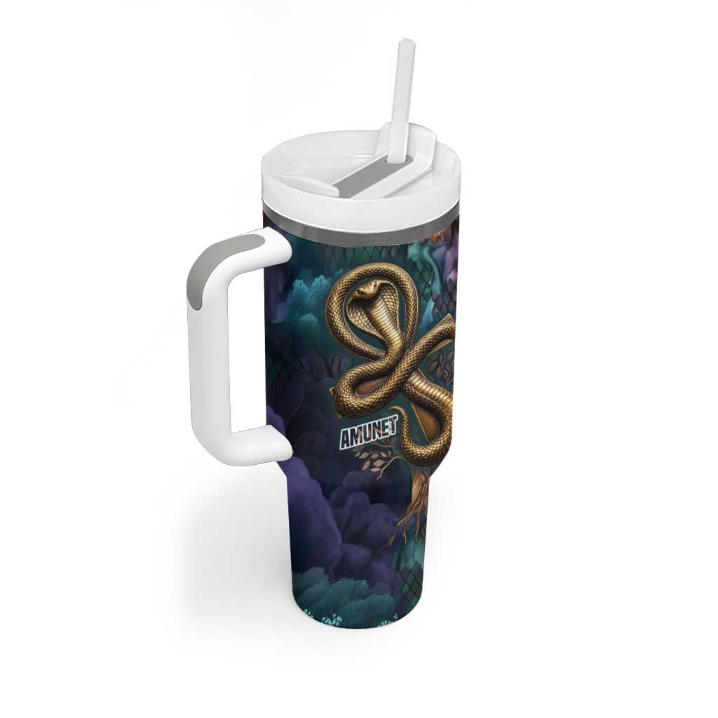 Amunet Ancient Temple Egyptian Tumbler With Handle with Golden Serpent Mythology in Teal Tones
