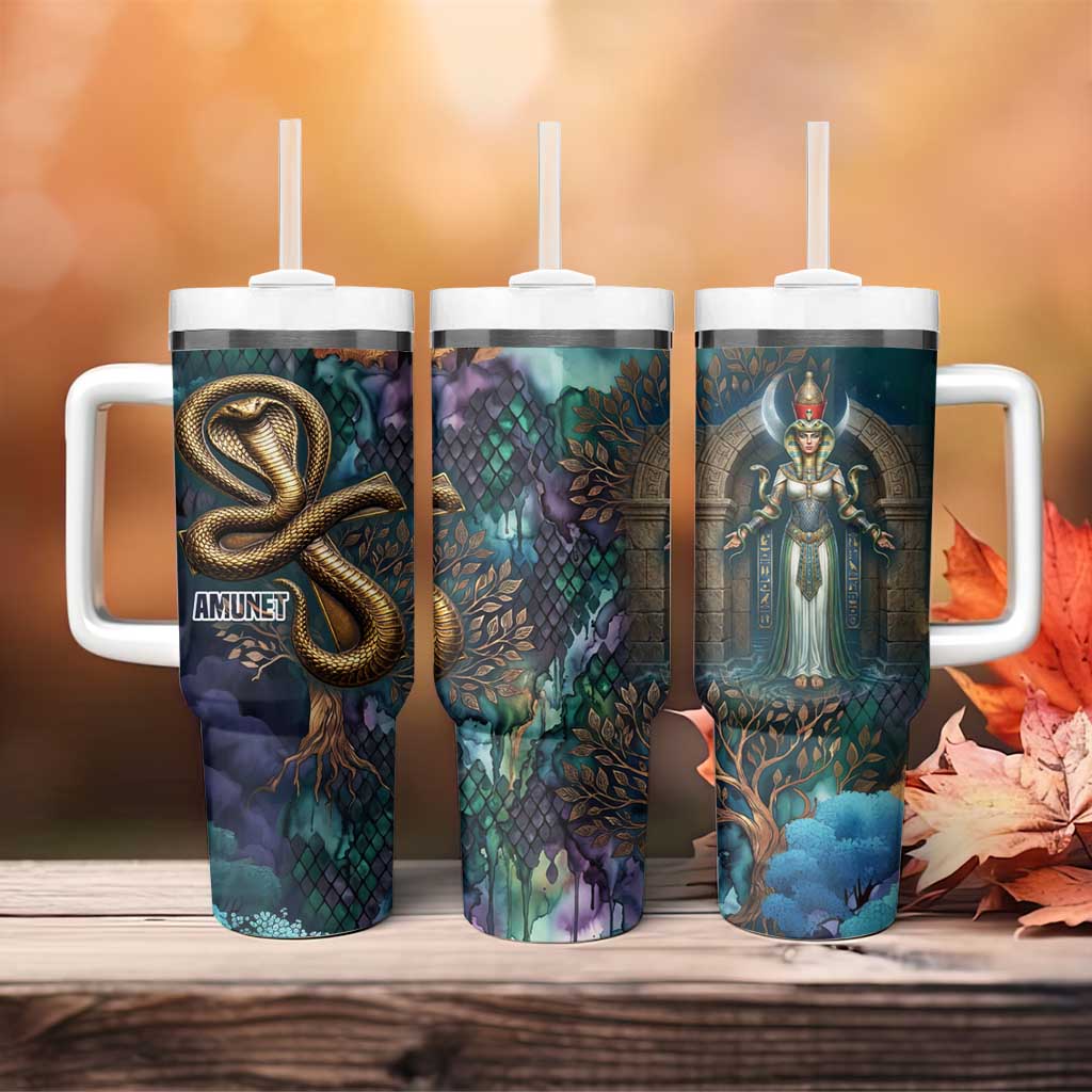 Amunet Ancient Temple Egyptian Tumbler With Handle with Golden Serpent Mythology in Teal Tones