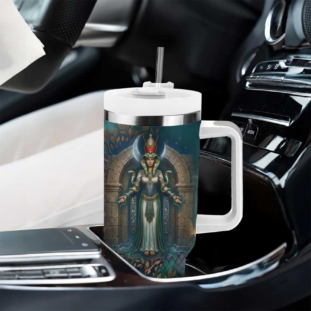 Amunet Ancient Temple Egyptian Tumbler With Handle with Golden Serpent Mythology in Teal Tones
