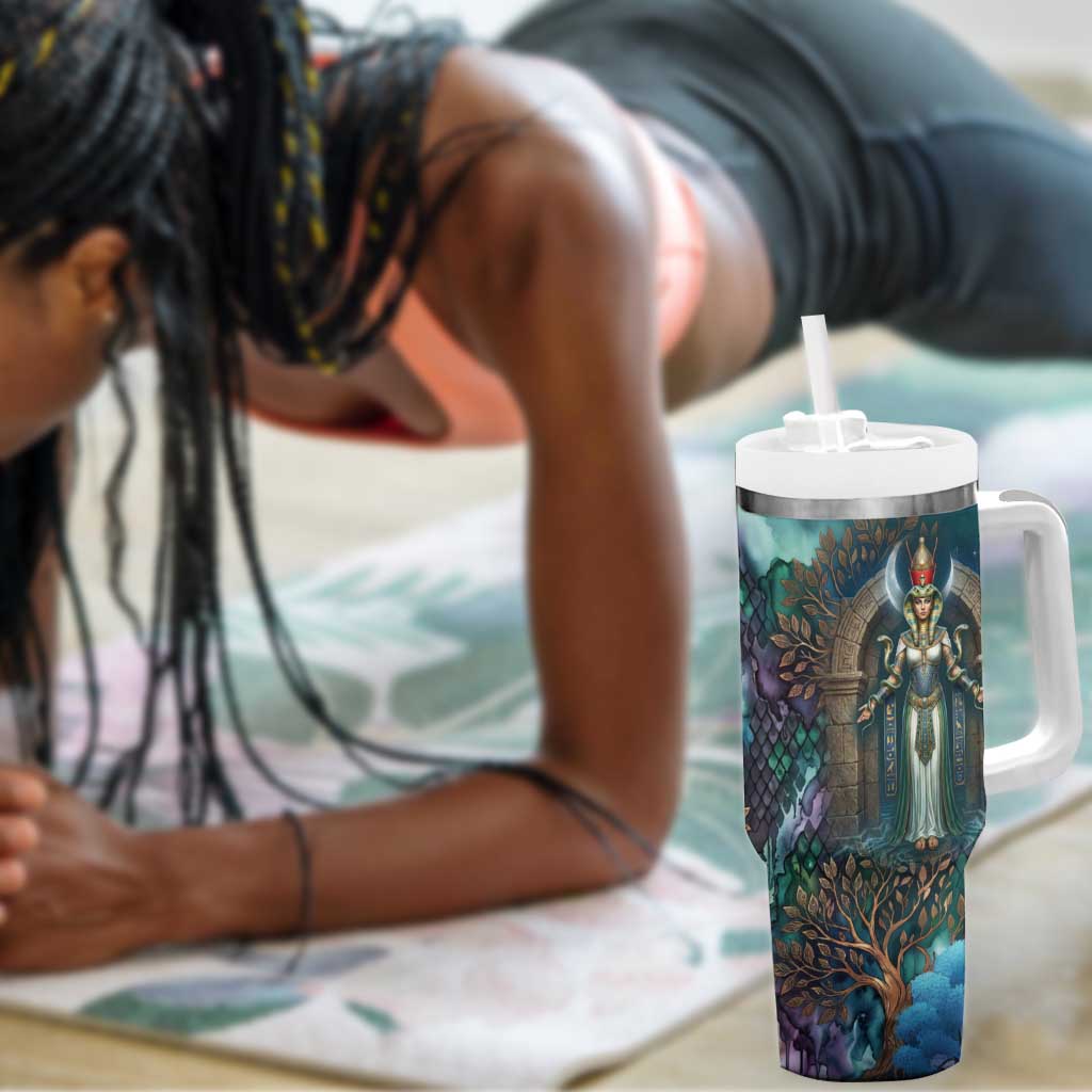 Amunet Ancient Temple Egyptian Tumbler With Handle with Golden Serpent Mythology in Teal Tones