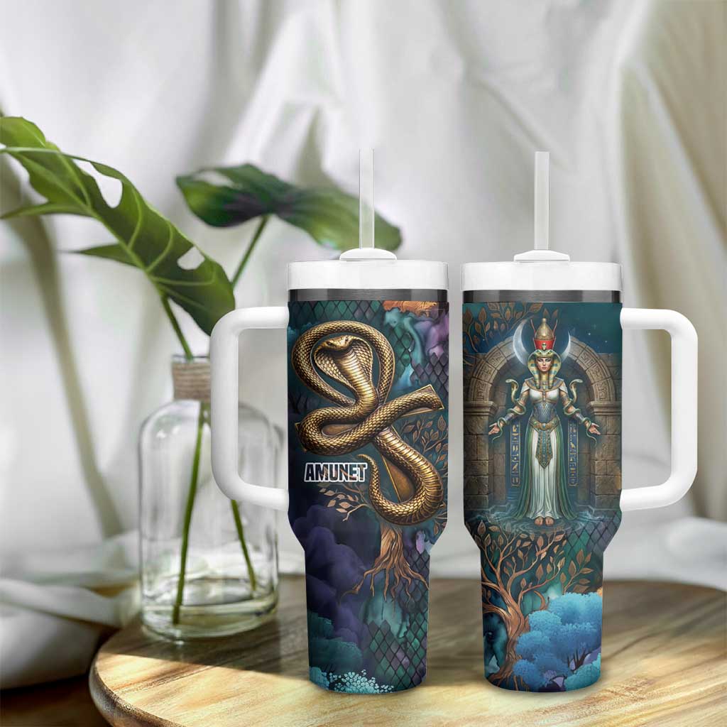 Amunet Ancient Temple Egyptian Tumbler With Handle with Golden Serpent Mythology in Teal Tones