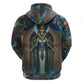 Amunet Ancient Temple Egyptian Zip Hoodie with Golden Serpent Mythology in Teal Tones