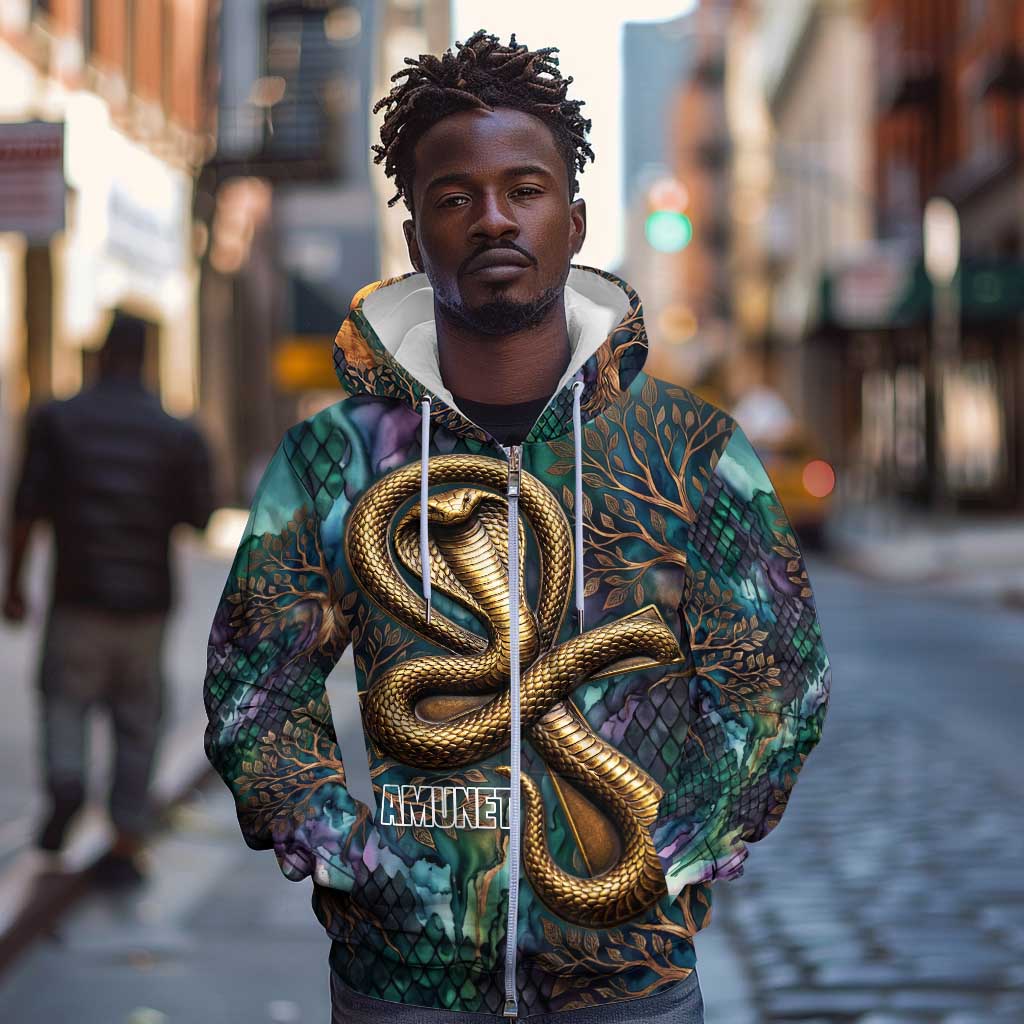 Amunet Ancient Temple Egyptian Zip Hoodie with Golden Serpent Mythology in Teal Tones
