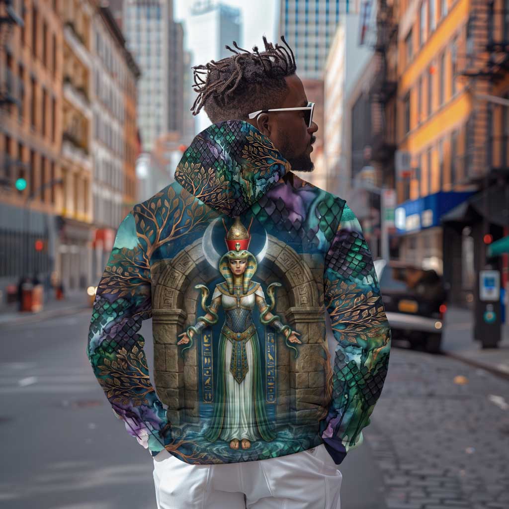 Amunet Ancient Temple Egyptian Zip Hoodie with Golden Serpent Mythology in Teal Tones