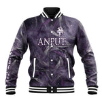 Anput Sacred Urn Baseball Jacket with Papyrus Flowers Egyptian Guardian in Violet Mist
